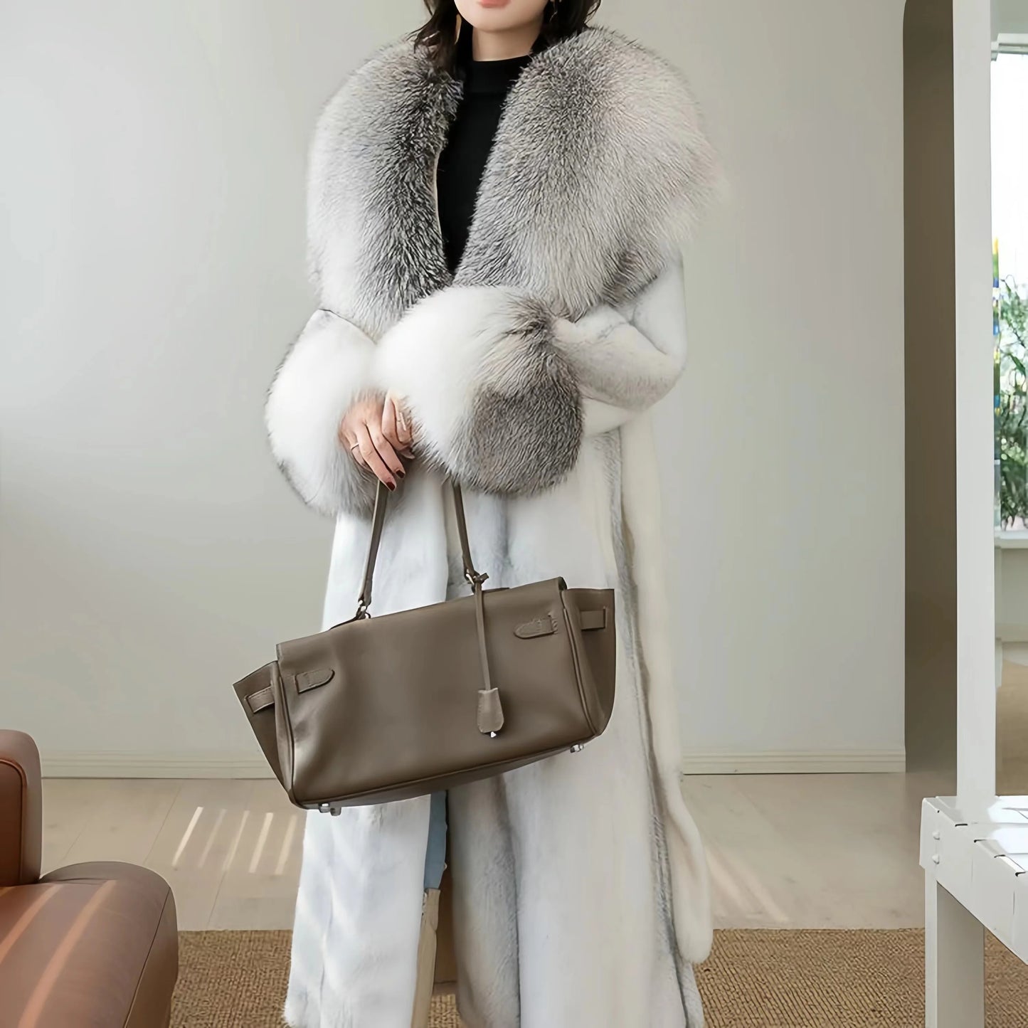 Oversized Faux Fur Collar Design Women's Adjustable Waist Trenchcoat