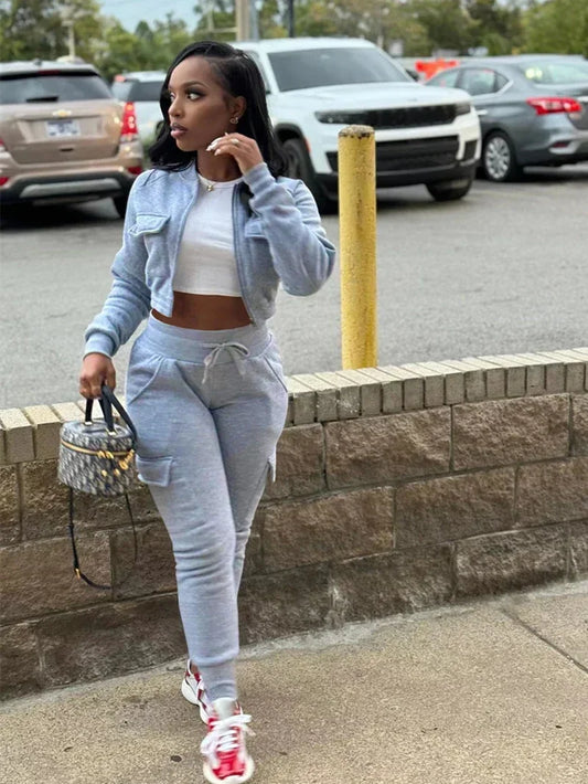 Streetwear Women's Solid Cropped Zipper Jacket + Drawstring Cargo Sweatpants Tracksuit
