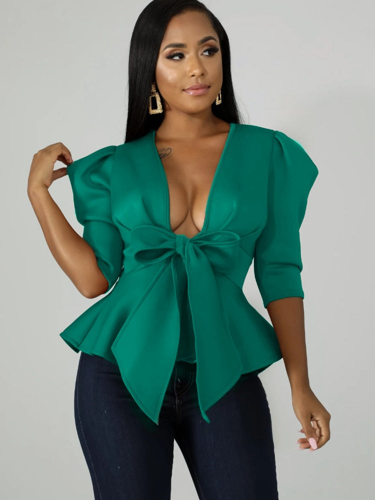 Peplum Bowtie Half Sleeve Deep V-Neck Blouse