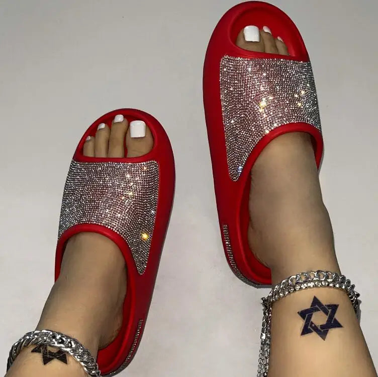 Rhinestone Glitter Sparkling Oversized Open Toe Ladies Flip Flop Sandals Slides