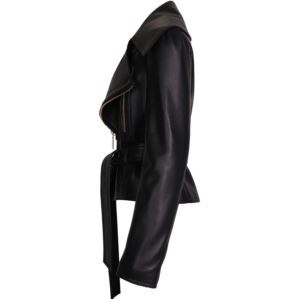 Black Turn-Down Collar Slim Leather Ladies Streetwear Jacket w/ Sash Belt