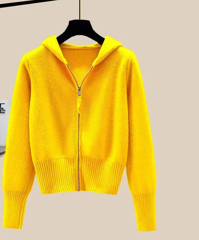 Hooded Solid Color Women's Long Sleeved Zipper Cardigan Sweater Jacket