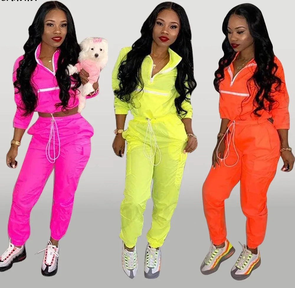 Neon Turn Down Collar Women's Long Sleeve Zipper Jacket + Drawstring Sweatpants 2-Piece Set Tracksuit