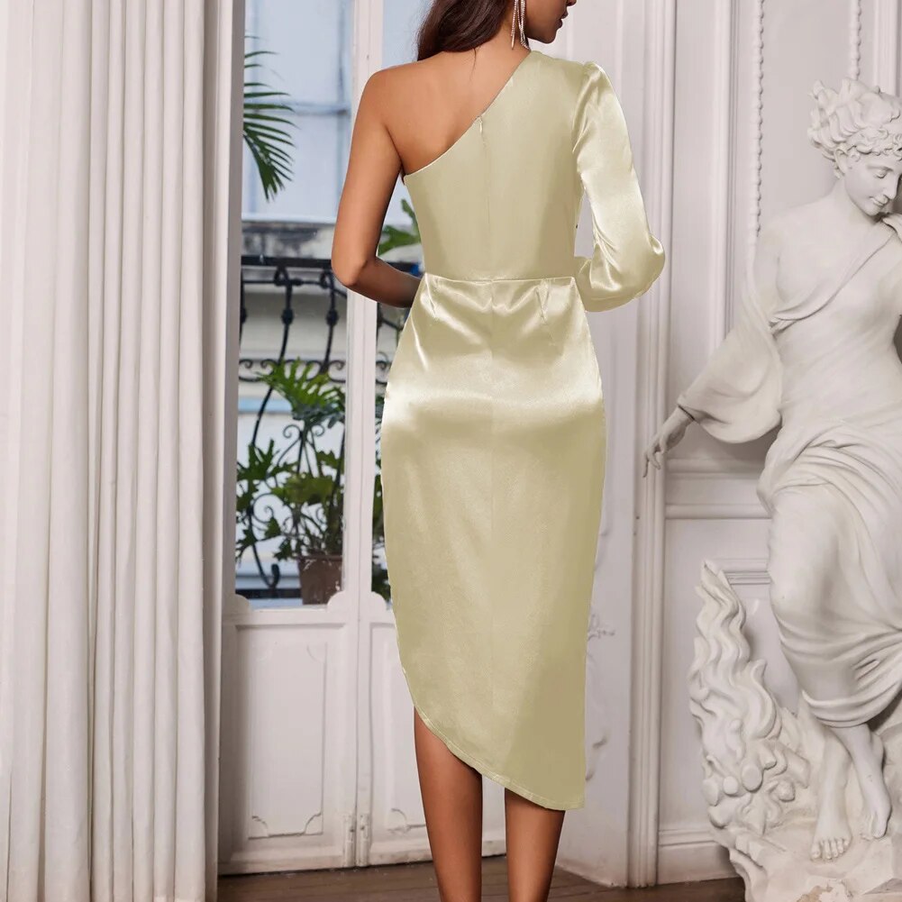 Satin Ruched Asymmetrical Irregular Hem One-Shoulder Long Sleeve Formal Dress