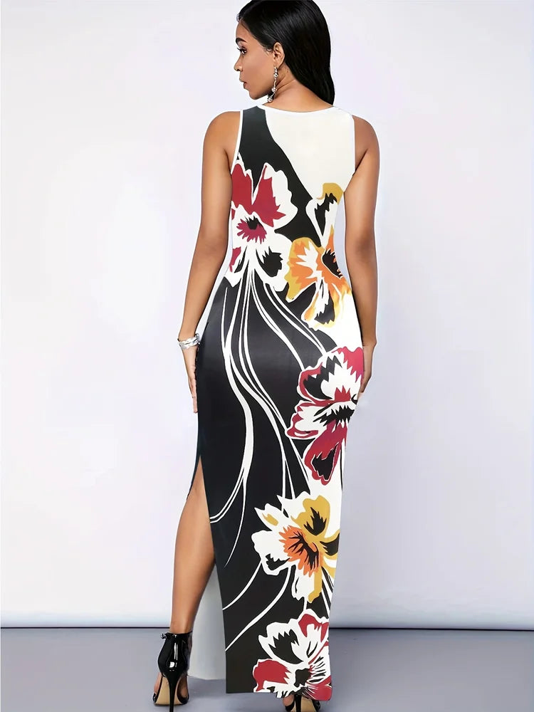 Halter Tank Big Flower Print High Side Slit Bodycon Sleeveless Maxi Dress