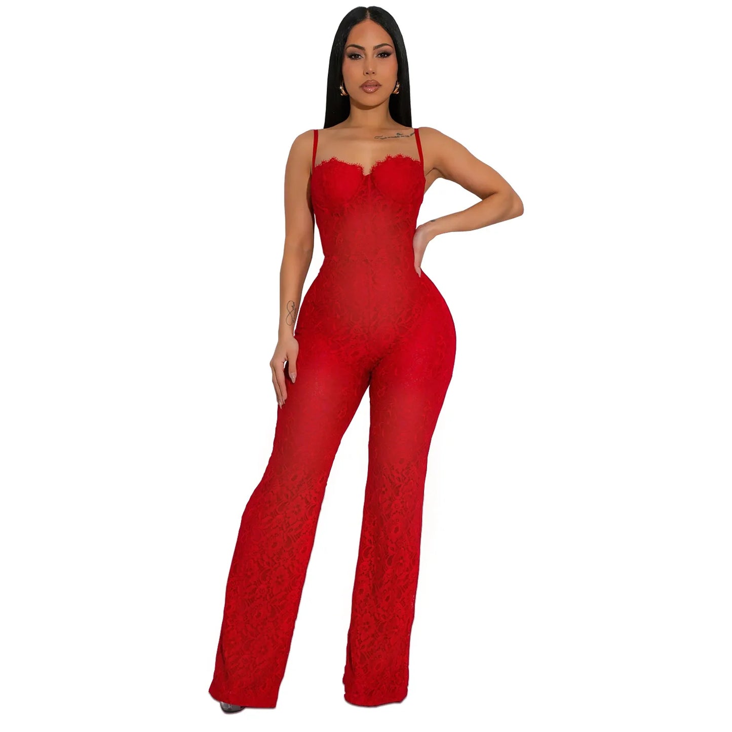 Lace Sexy Sheer Mesh Sleeveless Spaghetti Strap Solid Color Formal Jumpsuit