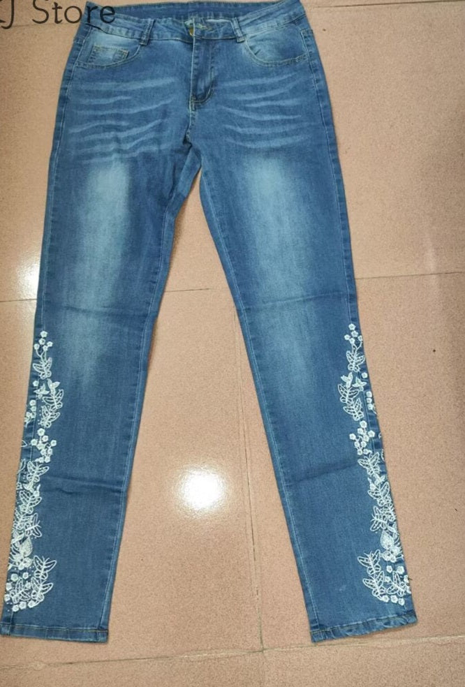 Crochet Embroidered Floral Denim Pencil Skinny Women's Jeans to 5X Plus