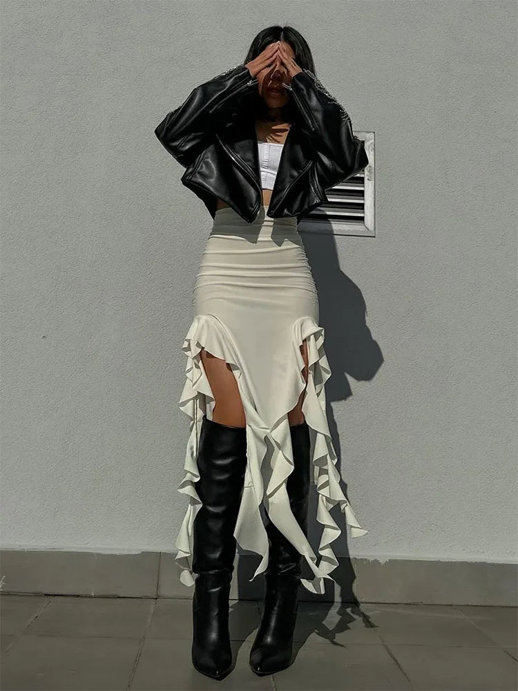 Metallic/Solid Ruched Hollow Out Tassel Design Side Slit Bodycon Maxi Skirt