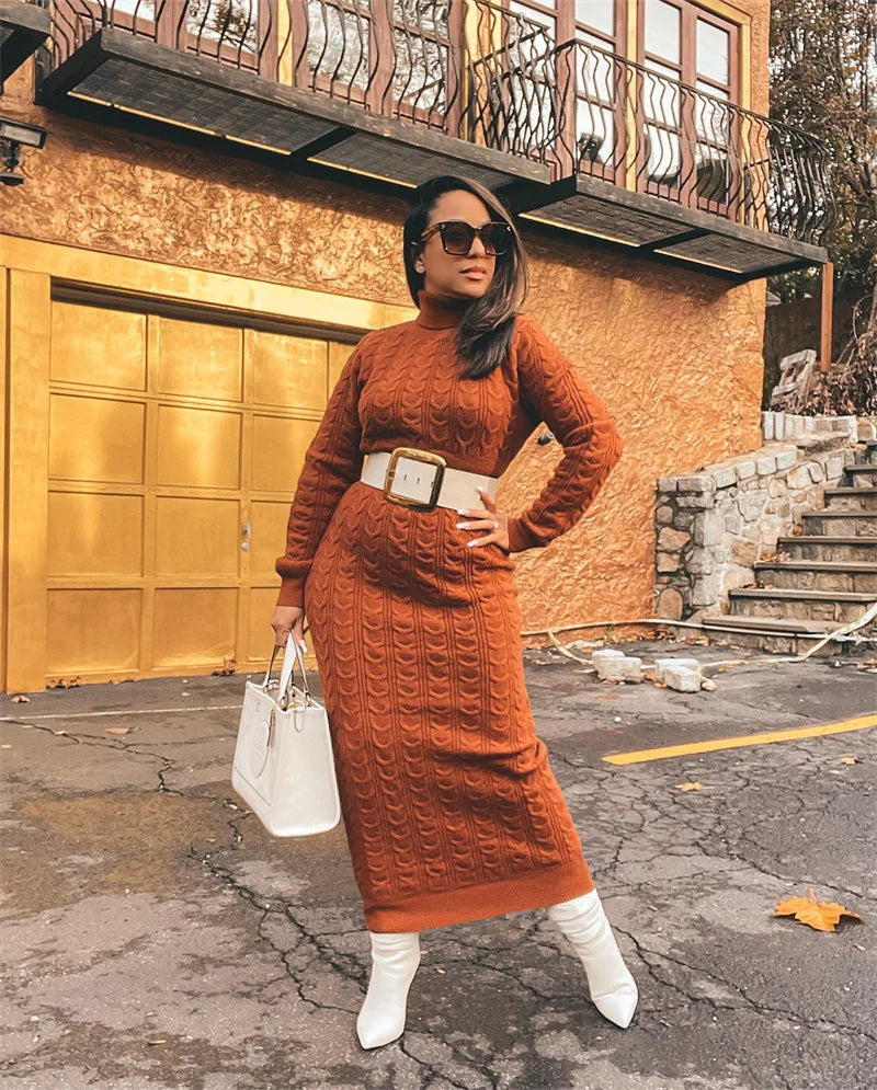 Turtleneck Knitted Weave Pattern Ribbed Sweater Long Sleeve Maxi Dress w/ Belt