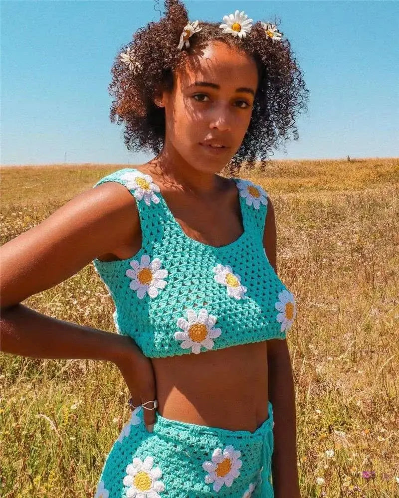Crochet Big Flower Pattern Knitted Women's Sweater Tank Top + Drawstring Mini Skirt 2-Piece Set