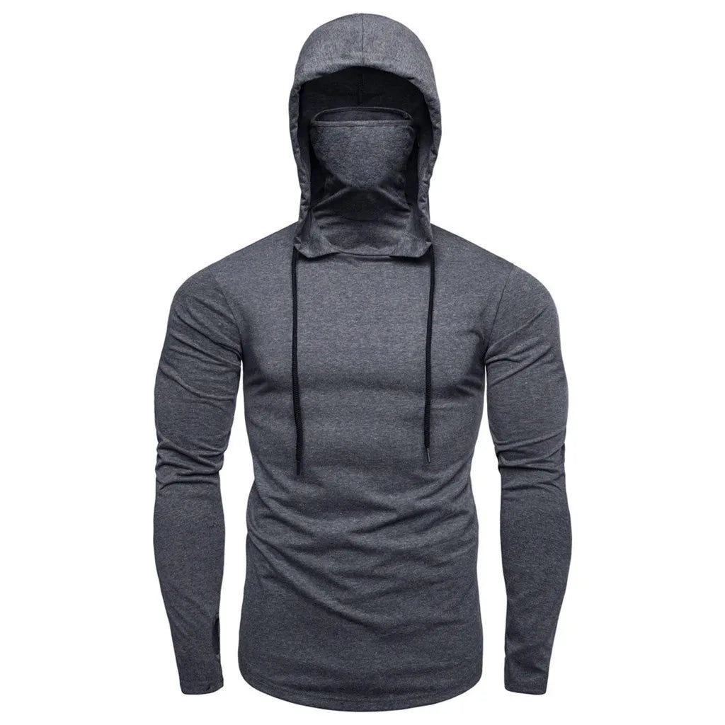 Men's Drawstring Solid Color Gym Workout Thin Long Sleeve Hoodie Sweatshirt w/ Built-In Mask