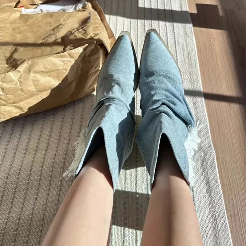 Ripped Tassel Pleated Ruched Blue Denim Pointed Toe Slip-On Western Boots