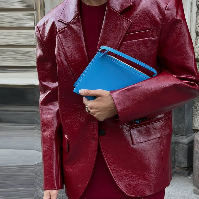 Shiny PU Leather Women's Solid Color Blazer Jacket w/ Flared Sleeveless Tube Maxi Dress 2-Piece Suit