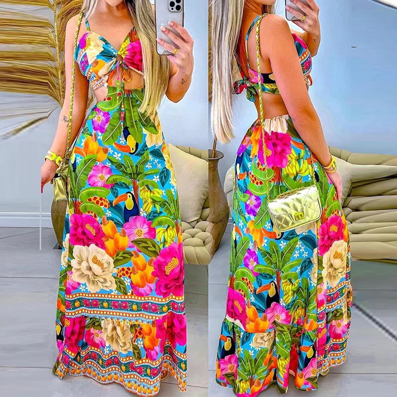 Tropical Flower Print V-Neck Sleeveless  Backless Tie Front Hollow-Out Maxi Sundress