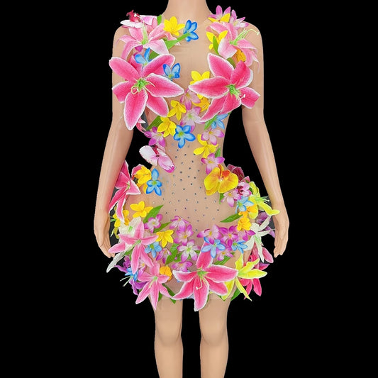 Embroidered Flower Decor Nude Mesh Transparent Party Formal Dress