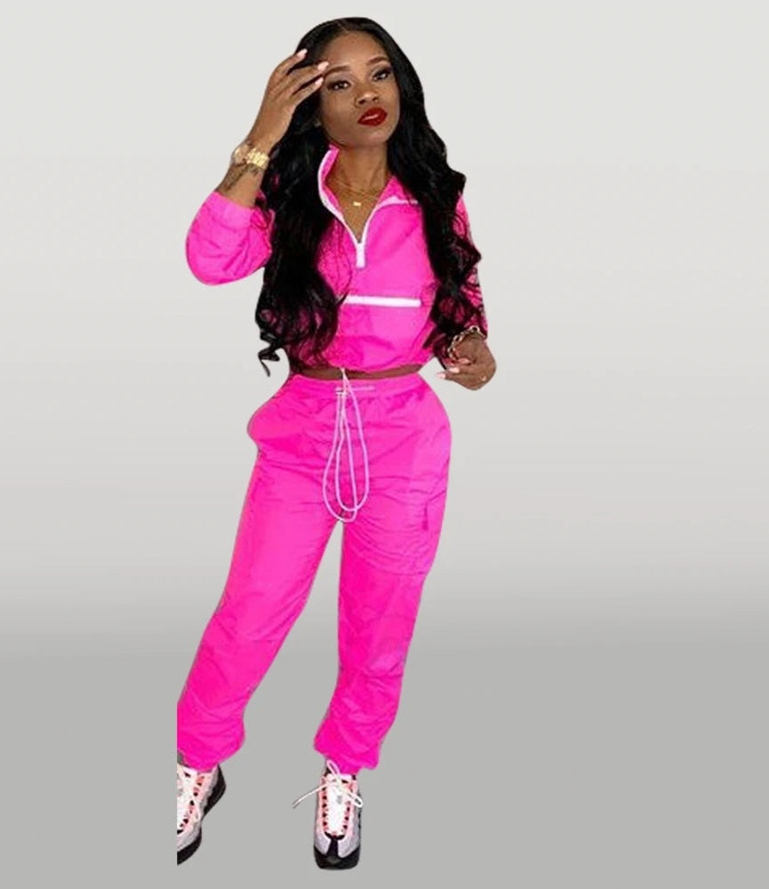 Neon Turn Down Collar Women's Long Sleeve Zipper Jacket + Drawstring Sweatpants 2-Piece Set Tracksuit