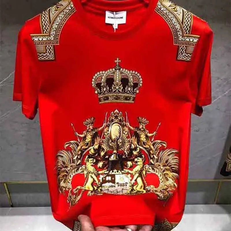 Men's Designer Baroque Gold Metallic Crown Print O-Neck Short Sleeve T-Shirt