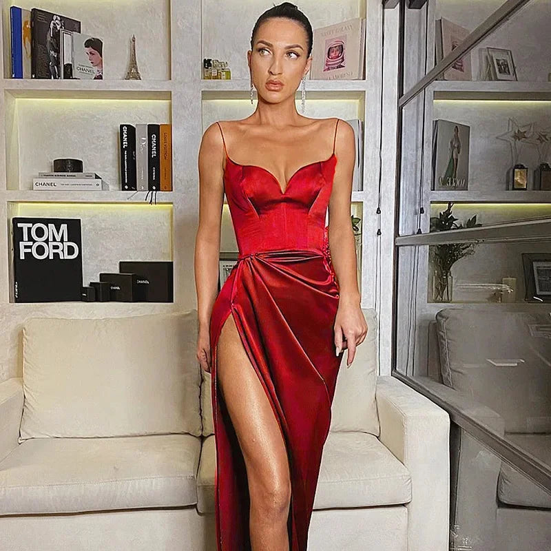 Satin V-Neck High Slit Bodycon Backless Sleeveless Formal Party Dress