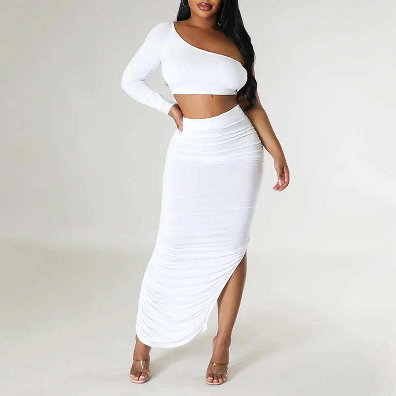 Asymmetrical One Shoulder Solid Backless Long Sleeve Crop Top + Bandage Shirred Draped Ruched High Slit Maxi Skirt 2-Piece Set