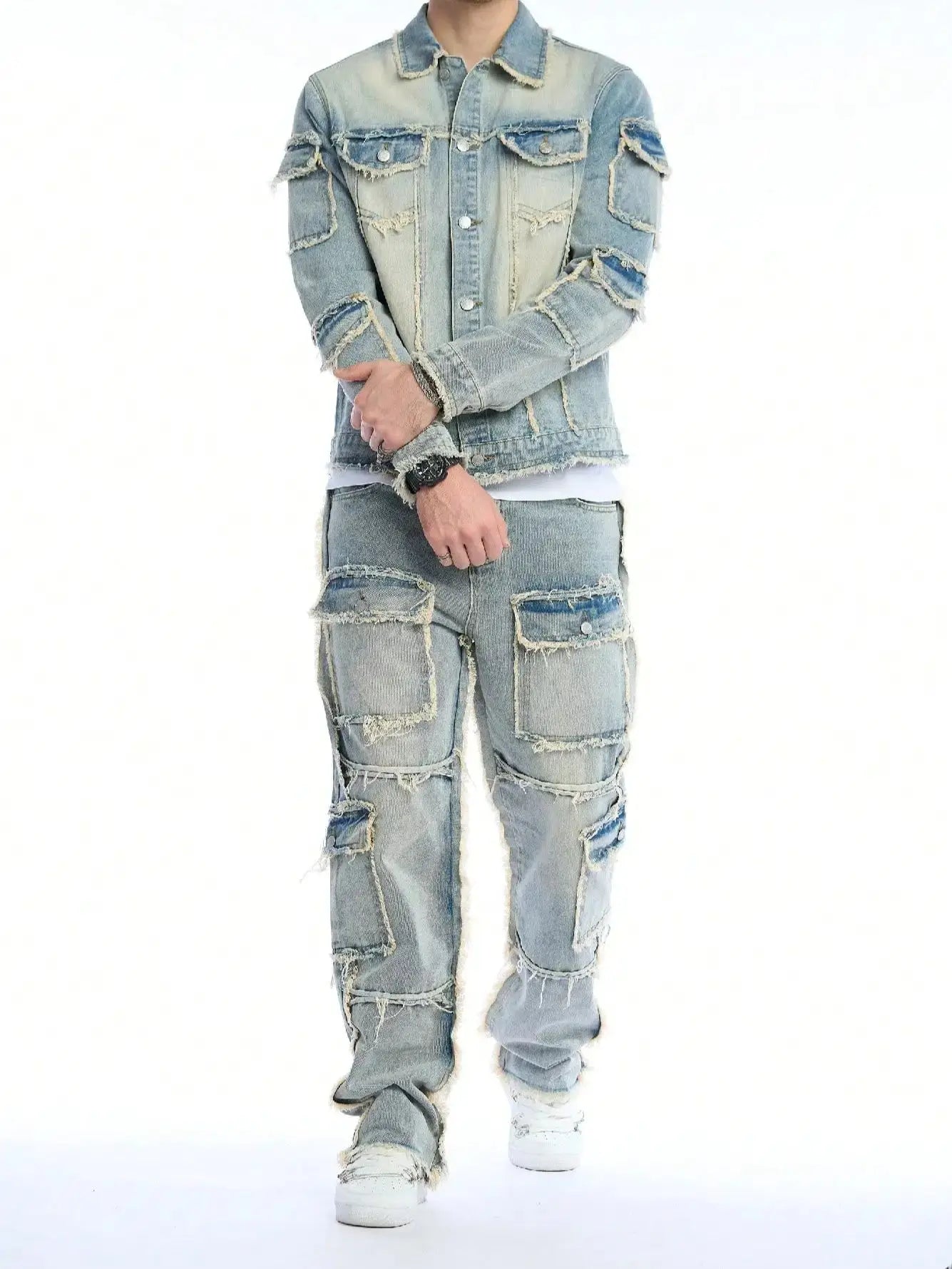 Men's Washed Denim Ripped Faded Light Blue Fringe Hem Multi-Pocketed Hip-Hop Cargo Jeans 2-Piece Set (Jean Jacket + Stacked Jeans)