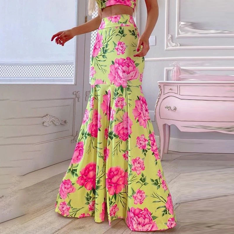 Pink Rose Print Bodycon + High Waist Retro Formal Mermaid Maxi Skirt