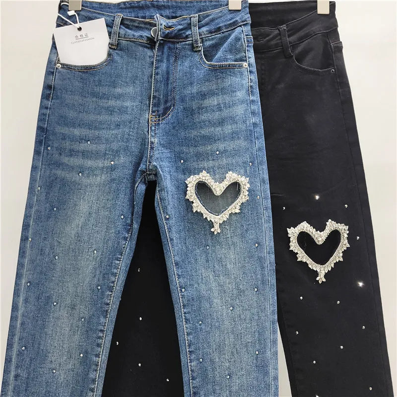 Pearl Diamond Cut-Out Heart Design Elastic Women's Ankle-Length Skinny Jeans