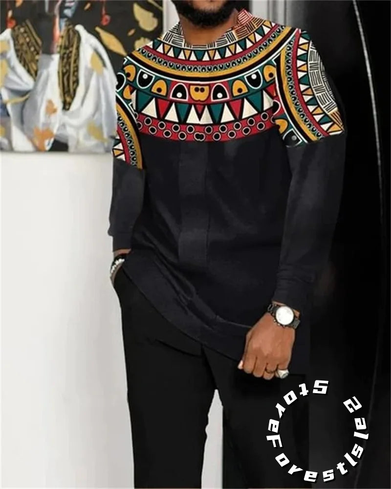 Men's O-Neck Colorblock Striped/African Print Long Sleeve Dress Shirt + Pants 2-Piece Suit to 4X Big & Tall