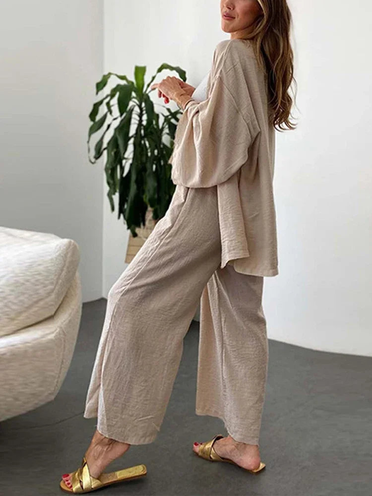 Loose Women's Linen Blouse w/ Trouser Pants 2-Piece Set