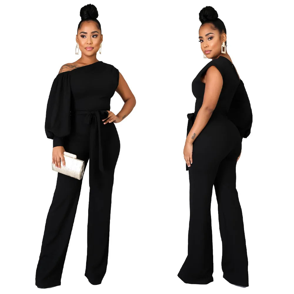 Asymmetrical One Sleeve Bootcut Wide Leg Solid Jumpsuit w/ Sash Belt