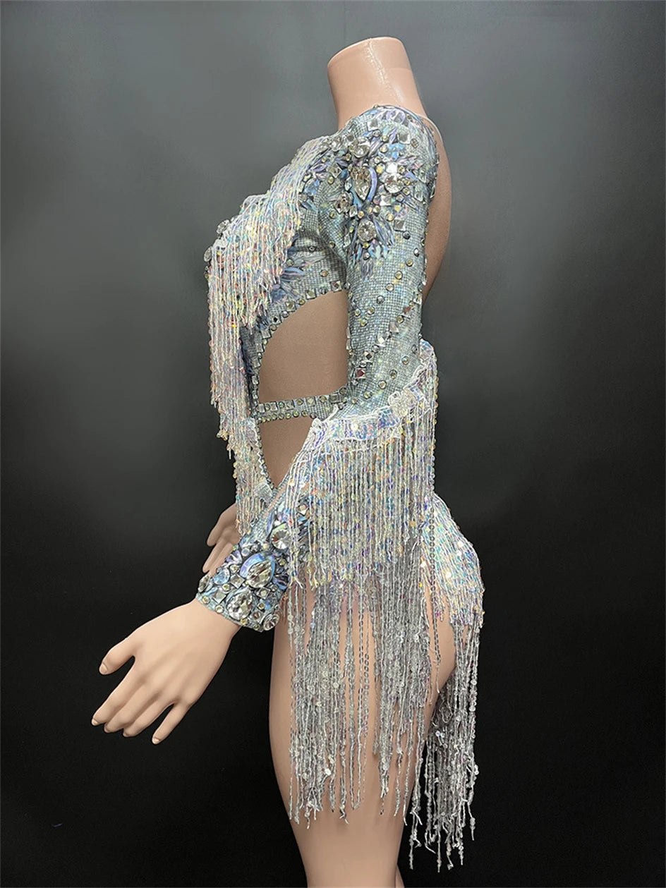 Sparkling Sequin Tassel Long Sleeve Bodysuit Performance Costume