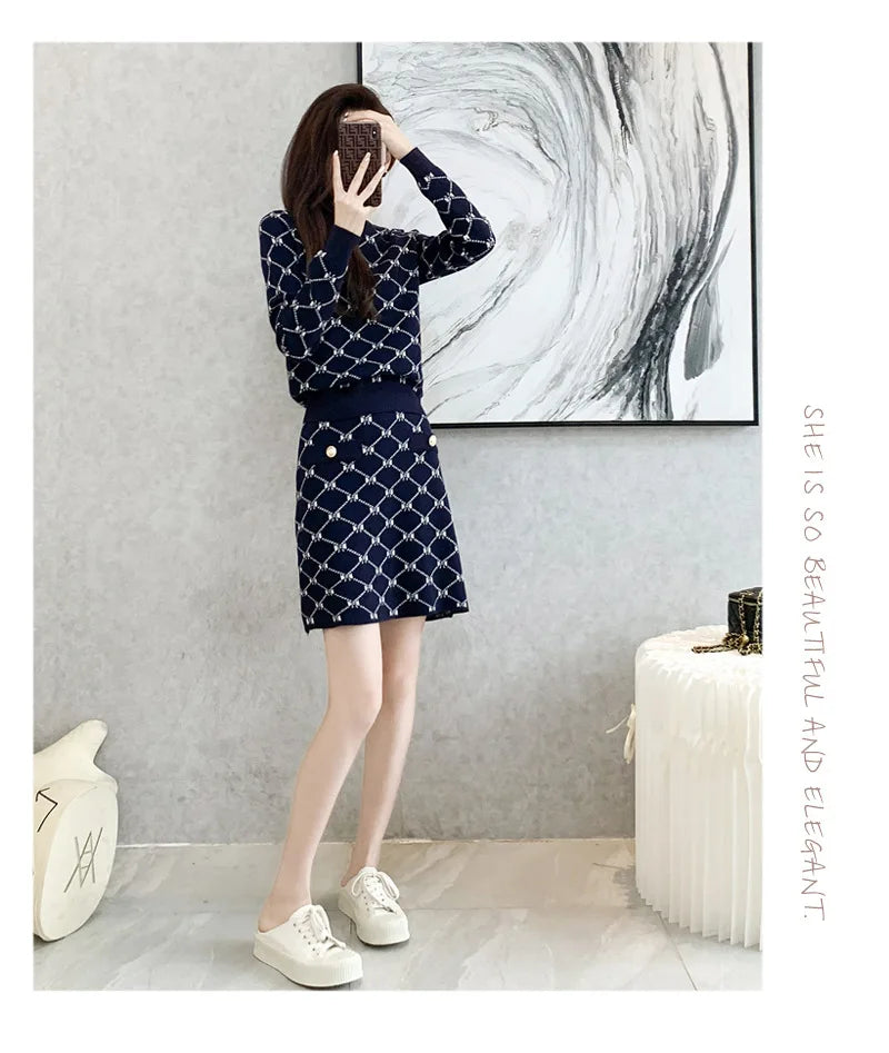 Monogram Print Cashmere O-Neck Pullover Long Sleeve Women's Top + Mini Skirt 2-Piece Set