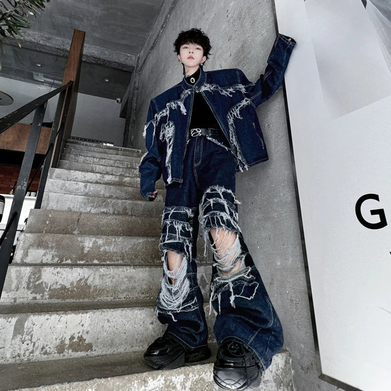 Men's Burgundy/Blue Denim Tassel Fringe Burr Design Jean Jacket + Ripped Hollow-Out Baggy Jeans 2-Piece Sets