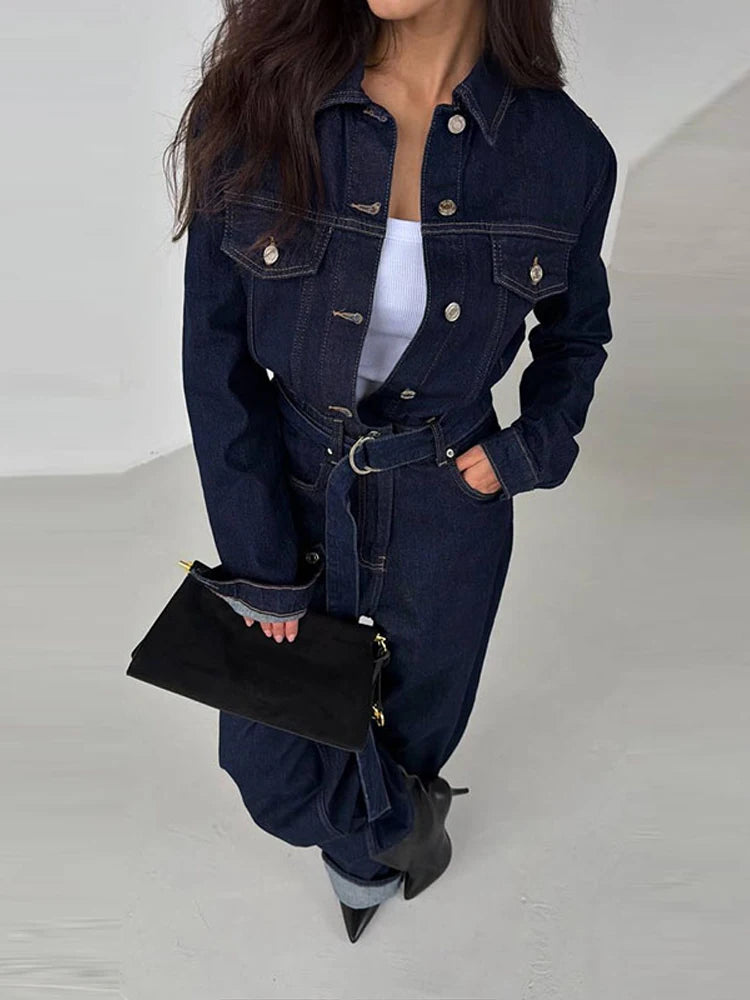 Denim Women's Button Front Turn-Down Collar Lace-Up Long Sleeve Wide Leg Streetwear Jumpsuit