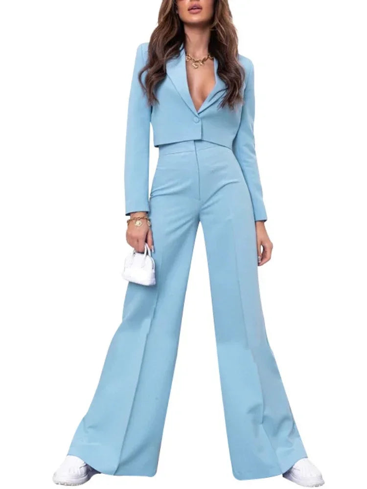 Cropped Notched Long Sleeve Blazer + High Waist Flared Leg Pants Women's Solid Color Business Suit