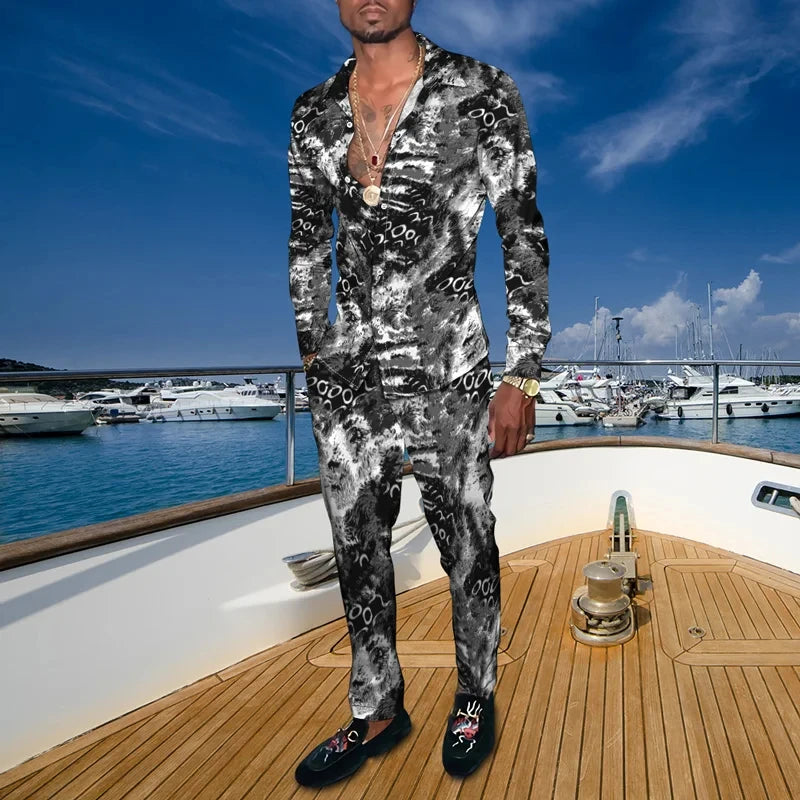 Men's Casual 3D Print Long Sleeve Dress Shirt - Pants Matching 2-Piece Sets