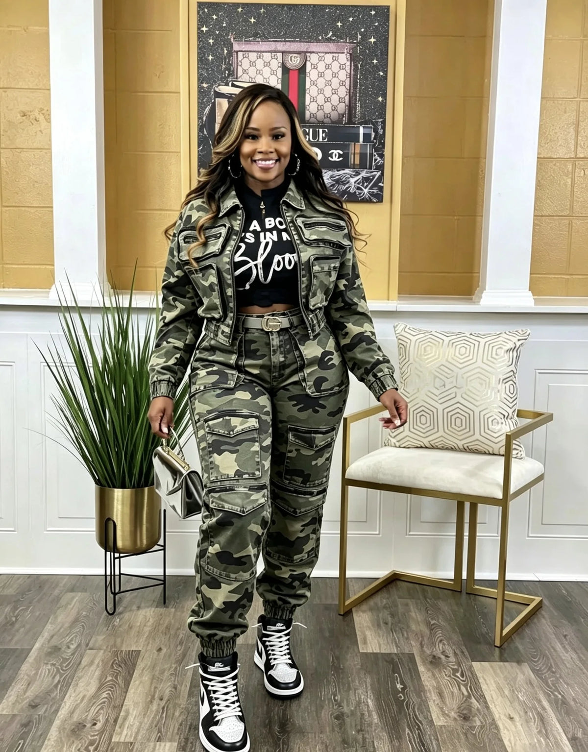 Denim Camoflauge Multi-Pocketed Women's Turn-Down Collar Jean Jacket + Cargo Jeans 2-Piece Set