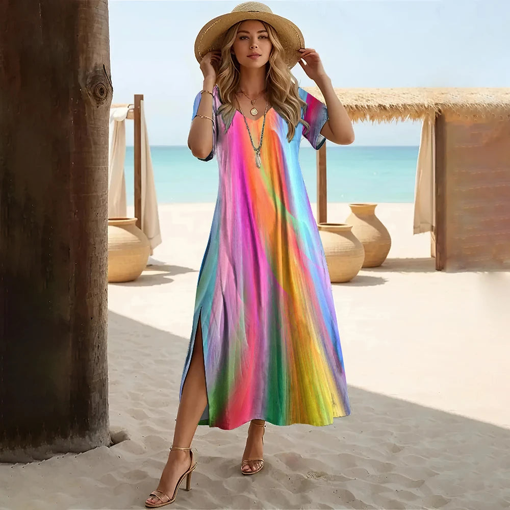 Striped Colorblock Rainbow Print V-Neck Short Sleeve High Slit Midi Sundress to 3X Plus Size