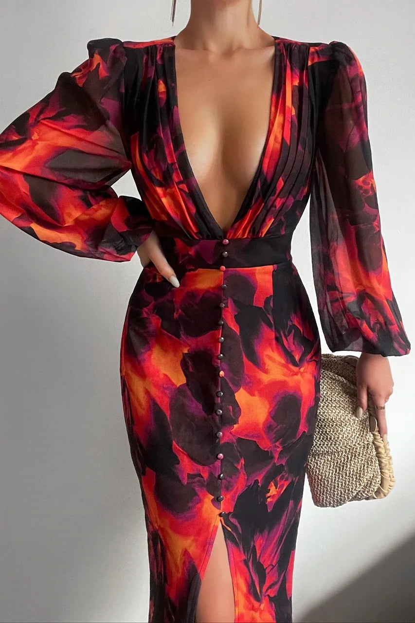 Assorted Leopard Floral Print Deep V-Neck Long Sleeve Maxi Dresses