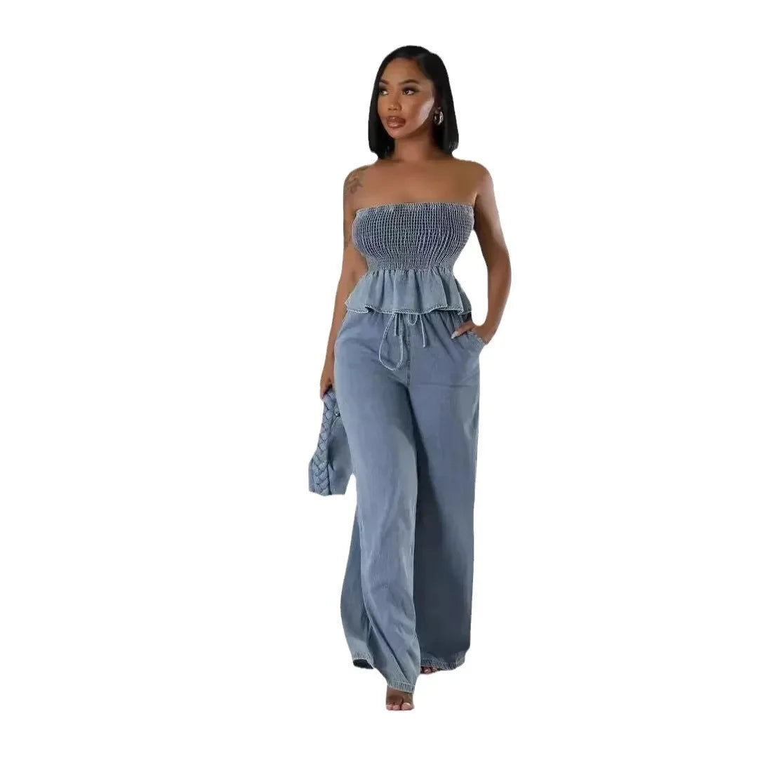 Denim Ruffled Trim Stretch Tube Top + Drawstring Elastic Waist Wide Leg Pants 2-Piece Set