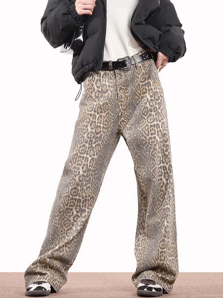 Leopard Washed Women's Retro Loose High Waist Straight Leg Jeans