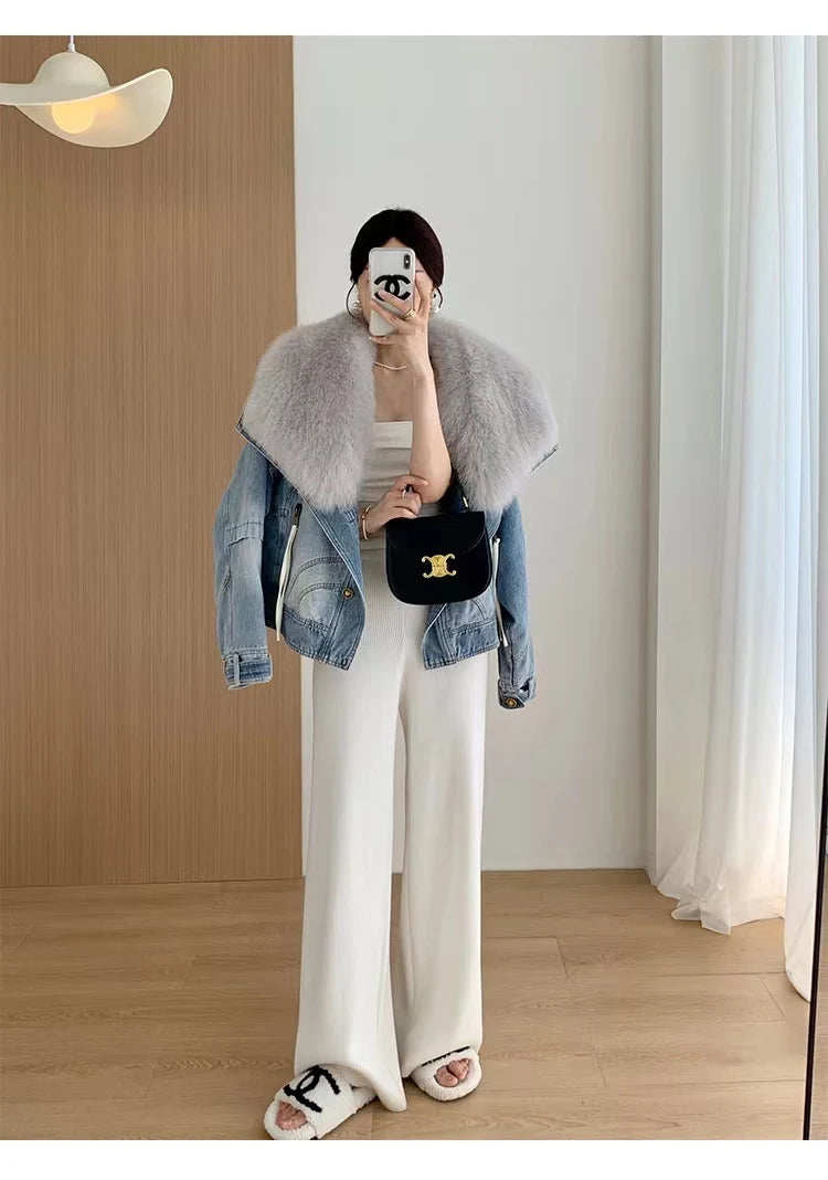 Denim Oversized 100% Real Fox Fur Collar Short Women's Goose Down Puffer Jean Jacket