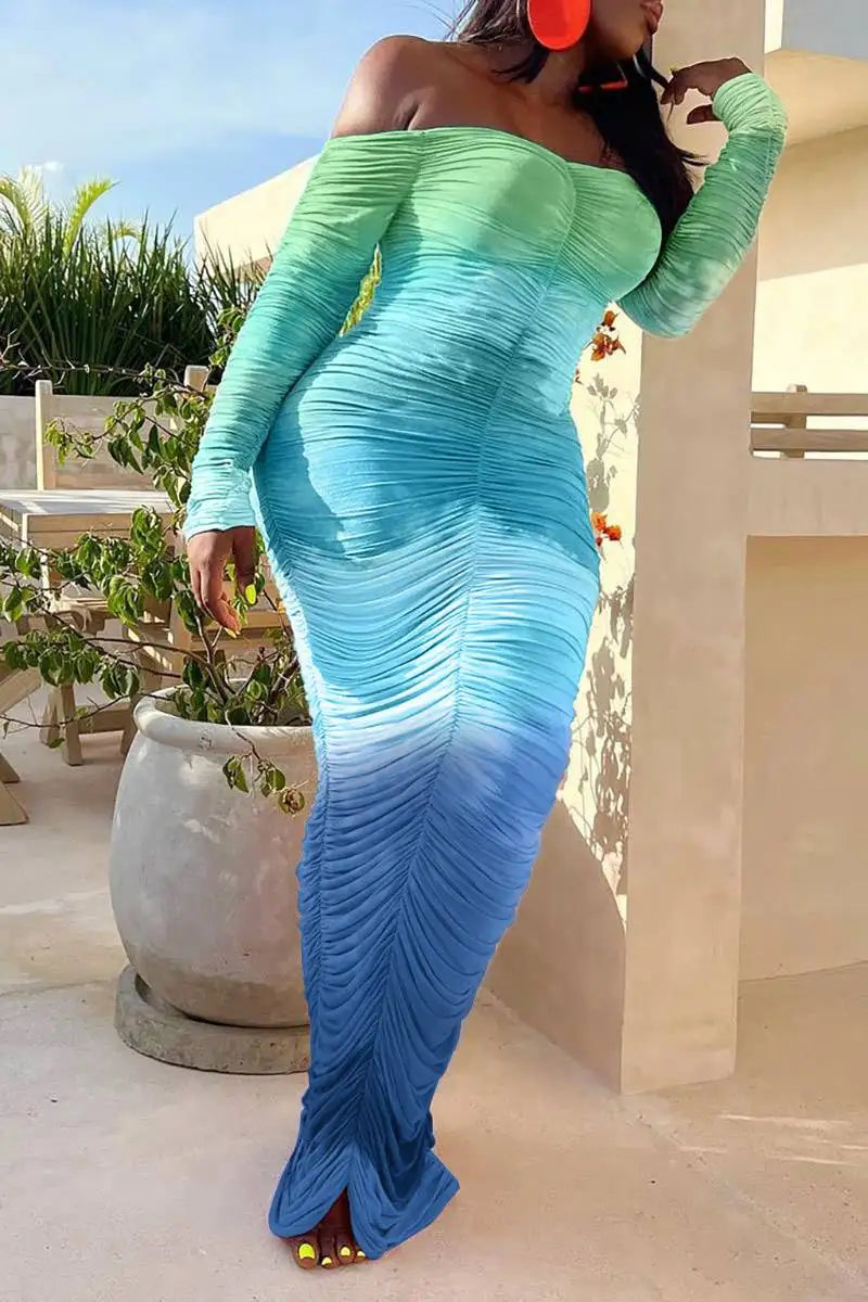 Tie-Dye Colorblock Shirring Ruched Off-the-Shoulder Long Sleeve Bodycon Skinny Maxi Dress