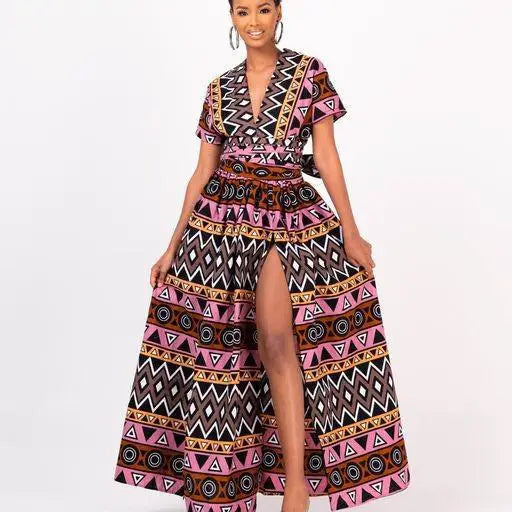 African Dashiki Print Off-the-Shoulder Short Sleeve V-Neck Backless High Slit Maxi Dress