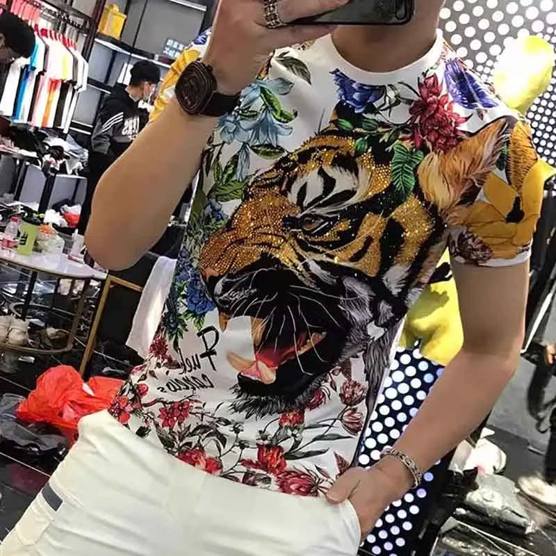 Rhinestone Tiger Floral Graffiti Print O-Neck Slim Short Sleeve Men's T-Shirt