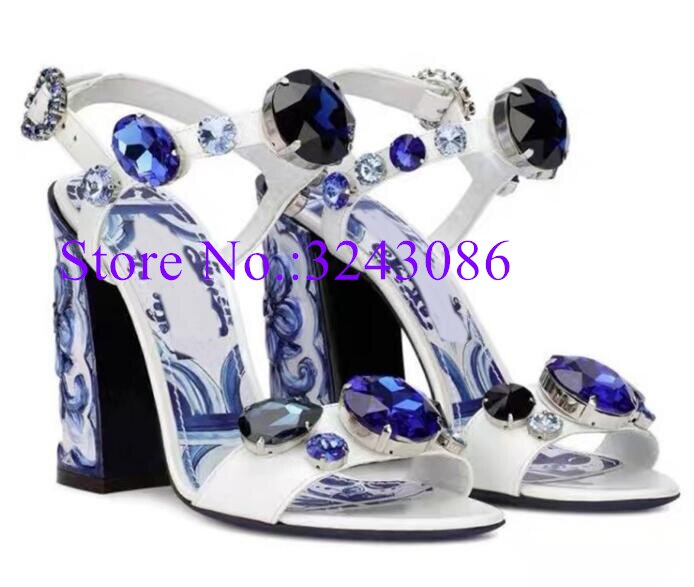 Crystal Chunky Heel Mixed Color Diamond Beach Sandals