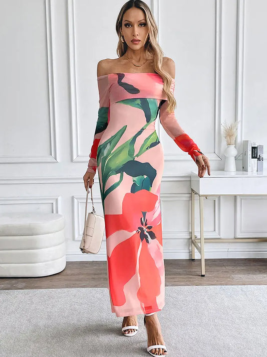 Pink Off-the-Shoulder Big Flower Print Long Sleeve Maxi Dress