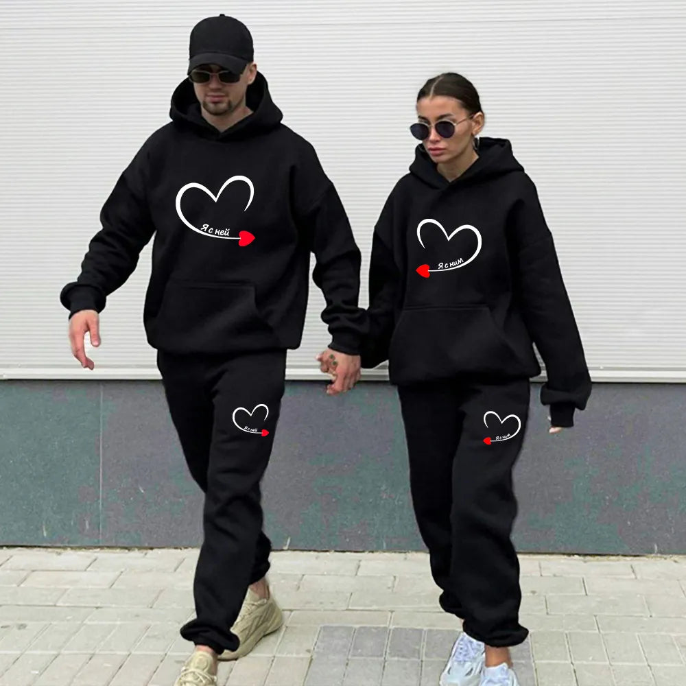 Matching Couples Love Heart Print Lover Hoodie + Pants Tracksuits