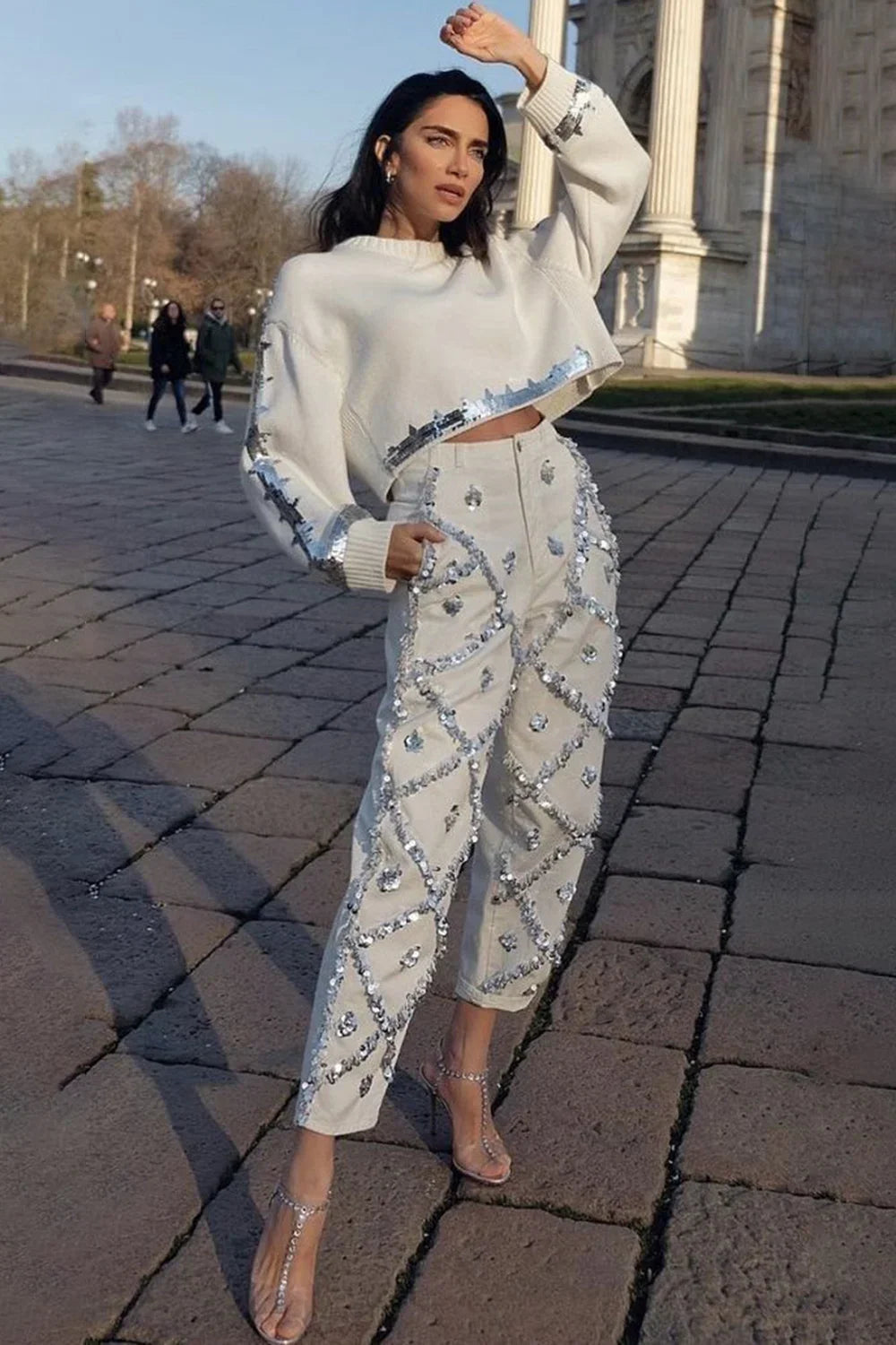 White Sequin Rhinestone Embellished Women's Straight Leg Jeans to 3X Plus Size