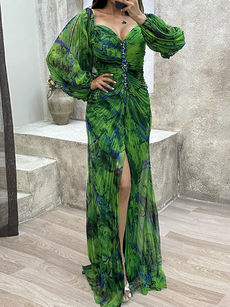 Chiffon Lantern Sleeve Floral Pleated Long Sleeve V-Neck High Split Maxi Dress