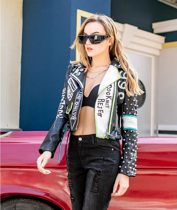 Rivet Stud Clown Print Hip-Hop Design PU Leather Women's Streetwear Biker Jacket to 3X Plus Size